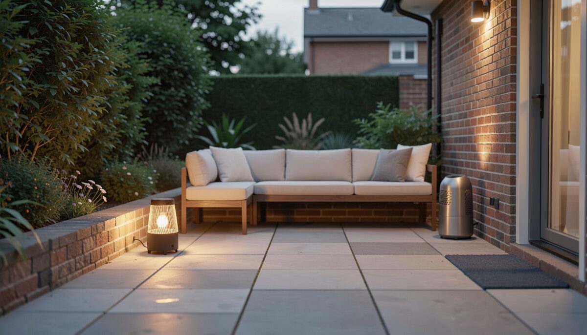 A furnished patio arranged for a cool evening with warm light, clear circulation and sheltered seating.