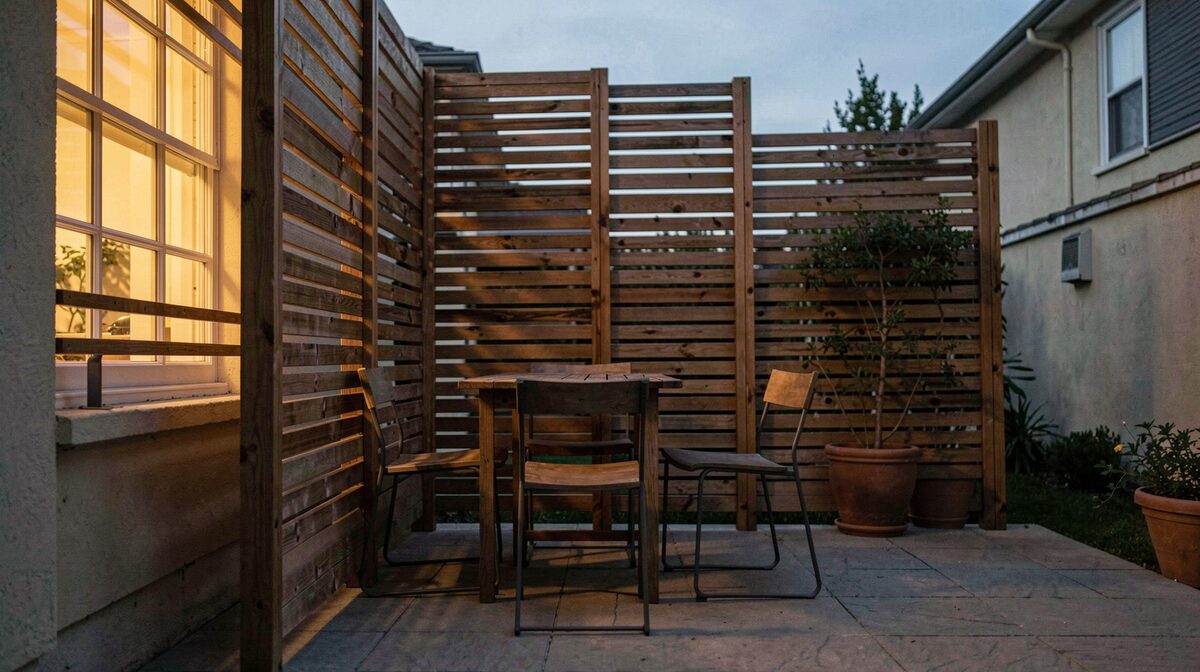 A wooden slatted privacy screen on a patio at dusk, with a small table and two chairs behind it, warm light from a nearby window casting soft shadows, low angle view.